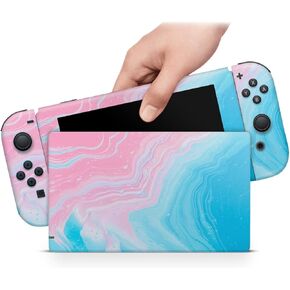 ZOOMHITSKINS Compatible with Switch Skin Cover Kawaii Cute Blue Marble Ocean Roses Wave Beach Candy Pink 3M Vinyl Decal Sticker Wrap, Made in The USA