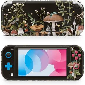 ZOOMHITSKINS Switch Lite Accessories, Compatible for Switch Lite Skin, Black Green Mushroom Forest Wild Flowers Grass Botanical Cute, 3M Vinyl, Durable & Fit, Easy to Install