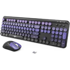 FOPETT Wireless Keyboard and Mouse Combo, 104 Keys Full-Sized 2.4 GHz Dropout-Free Connection, Round Keycap Colorful Keyboards for PC, Mac, Windows, Laptop, Desktop - Black Purple