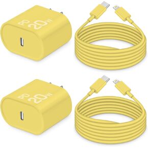 i Phone Charger 10 Ft Fast Charging 2-Pack 20W PD Fast Charger with 6Ft Fast Charging Cable, Type C Fast Charging Block & Fast Charger Cord for IP 14/13/12/11 [Purple and Yellow with White Cable]