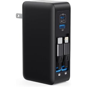 120W USB C Charger Block with 2 Built-in Retractable Cables,4-in-1 GaN IV Foldable Plug Wall Charger Fast Charging Station,PD 65W Laptop Adapter for Macbook/iPad,iPhone 16/15/14,Galaxy S24,Android etc