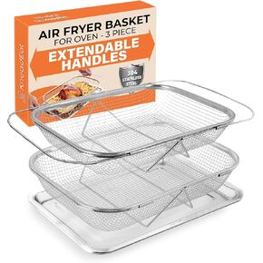 Deep Air Fryer Basket for Oven Set (3-Piece), 304 Stainless Steel, Expandable Handles, Large & Medium Air Fryer Baskets + Oven Tray, Multi-Use as Colander & Fruit Basket, Dishwasher Safe.