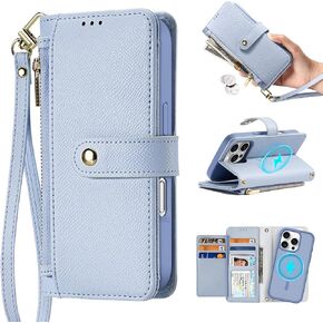 Durable Leather Wallet Case for iPhone 16 Pro, Multiple Slots, Hands-Free Convenience,Detachable Flip Folio Cover, RFID Blocking Card Slots Holder (Blue, iPhone 16 Pro)