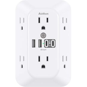Addtam Surge Protector Outlet Extender, 6-Outlet Splitter with 4 USB Wall Charger(2 USB-C Ports), Multi Plug Wall Outlet 1800J Power Strip for Home Office Dorm Room Essentials