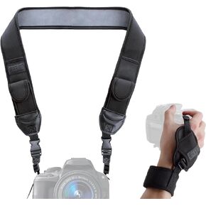 USA Gear Camera Neck Strap (Black) + DualGRIP Hand Strap (Black) - Bundle