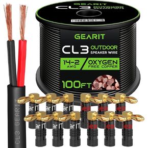 GearIT 100ft 14 AWG CL3 Black Speaker Wire & 12 Rt Angle Banana