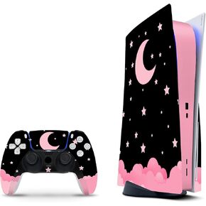 ZOOMHITSKINS Compatible with PS5 Skin, Moon Black Pink Sky Star Anime Kawaii Cute, Durable, Bubble-Free, W/Disk Version, Precisely Cut