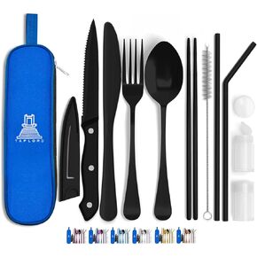 Portable Travel Silverware Set With Case - Includes 10 Pcs of Utensils, Stainless Steel Flatware For Camping, Easy to Travel, Lightweight (Black)