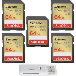 SanDisk 64GB (5 Pack) Extreme SDXC UHS-I Class 10 Memory Cards 170MB/s U3, V30, 4K UHD, SD Camera Card SDSDXV2-064G Bundle with (1) GoRAM Card Reader