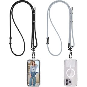AULEEP 2 Pcs Phone Lanyard Crossbody (Black & Gray) - Anti Theft Phone Strap 6mm, Neck Strap for Women Men Compatible with Smartphones iPhone, Cell Phone Lanyard Accessories with 2 Plastic Patches
