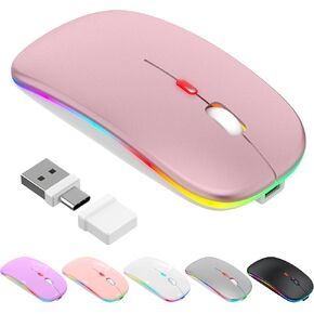 LED Bluetooth Wireless Mouse لـ MacBook Air Mac Pro Laptop iPad-الماوس البصري الصامت الصامت مع Jiggler BT5.2 و USB-A/USB-C للطلاب ، والأطفال ، والبنات-Rose Gold