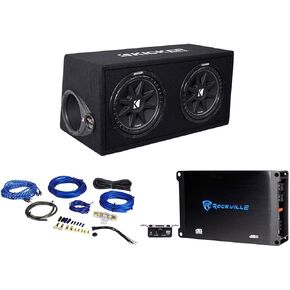 Kicker 43DC122 Comp Dual 12" Subwoofers in Vented Sub Box Enclosure, 2-Ohm Bundle with Rockville dB11 1400W Peak Mono 2-Ohm Car Amp and Bass Remote and RWK81 8 Gauge Amp Installation Kit