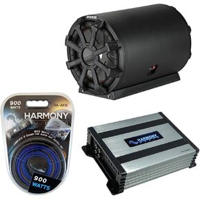 Harmony Audio Kicker Bundle Compatible with Universal Vehicle 46CWTB102 10" Bass Tube Sub Box with HA-A400.1 Amplifier and HA-AK8 8Ga Amp Install Kit