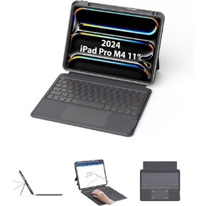 EIP Bluetooth Keyboard Case لـ iPad Pro 11 Inch (M4) 2024 ، 11 "غطاء قابل للفصل المغناطيسي مع لوحة التتبع ، اختصارات القلم الحاصلة على براءة اختراع ، مفاتيح إضاءة خلفية 7 ألوان ، حالة ذكية واقية ضئيلة