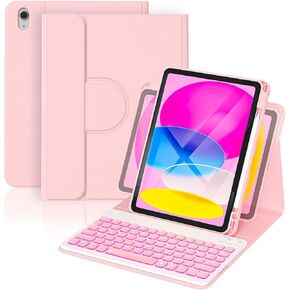 YBING for iPad A16 Case with Keyboard 11th &10th Generation, 360 Rotation Magnetic Cover with 7-Color Backlit Wireless Detachable Keypad with Pencil Holder for iPad 11th 2025/10 Gen 10.9" 2022 (Pink)