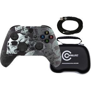 Custom Controllerzz Black Skullz Controller Bundle – Includes Black Skullz Custom Wireless Controller for Xbox Series X/S, Xbox One, PC & Braided USB-C Cable & Universal Protective Case
