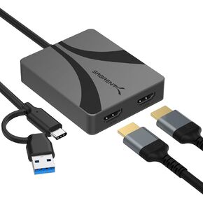 Sabrent USB Type-C/A إلى محول HDMI المزدوج ، 4K@60Hz ، أوضاع موسعة ومرآة ، وضع ALT + DisplayLink متوافق ، صوت ستيريو/5.1 ، دعم HDCP ، سكن الألومنيوم ، المكونات واللعب ، (DA-CA2H)