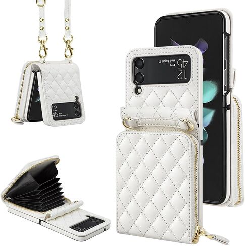 Vofolen for Samsung Galaxy Z Flip 3 Case with Card Holder Crossbody 8-Card Slots Wallet Case with Adjustable Strap Soft PU Leather Protective Zipper Flip 3 Phone Case for Women Girls, 6.7'' White in Saudi Arabia