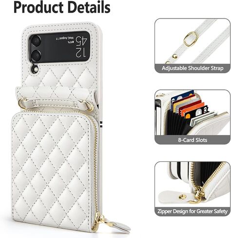 Vofolen for Samsung Galaxy Z Flip 3 Case with Card Holder Crossbody 8-Card Slots Wallet Case with Adjustable Strap Soft PU Leather Protective Zipper Flip 3 Phone Case for Women Girls, 6.7'' White in Saudi Arabia