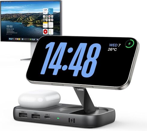 Selore USB C Hub with Wireless Charging for MacBook: 4K@60Hz HDMI, 100W PD, 15W Qi2 + 5W Wireless, 10Gbps Ports, iPhone Mirroring Docking Station & Magsafe Stand, Space-Saving Desk Organizer(Black) in Saudi Arabia