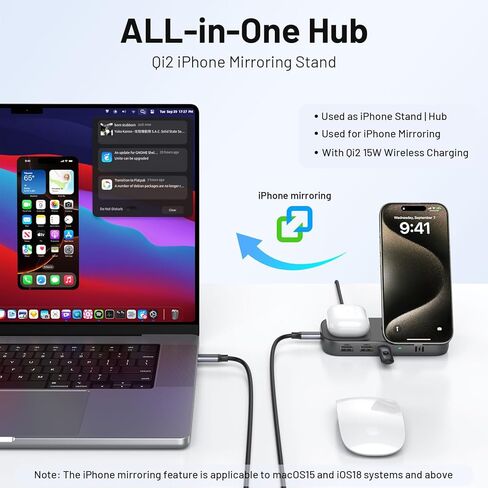 Selore USB C Hub with Wireless Charging for MacBook: 4K@60Hz HDMI, 100W PD, 15W Qi2 + 5W Wireless, 10Gbps Ports, iPhone Mirroring Docking Station & Magsafe Stand, Space-Saving Desk Organizer(Black) in Saudi Arabia