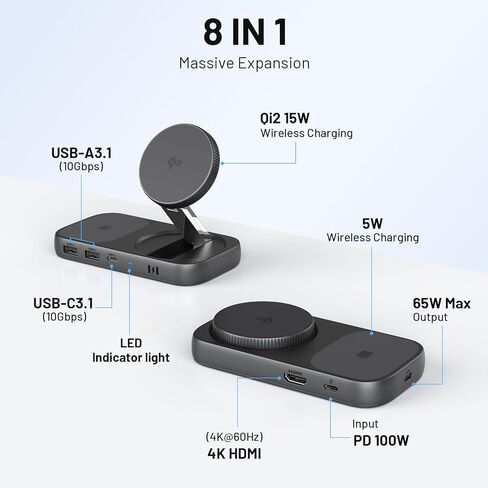 Selore USB C Hub with Wireless Charging for MacBook: 4K@60Hz HDMI, 100W PD, 15W Qi2 + 5W Wireless, 10Gbps Ports, iPhone Mirroring Docking Station & Magsafe Stand, Space-Saving Desk Organizer(Black) in Saudi Arabia