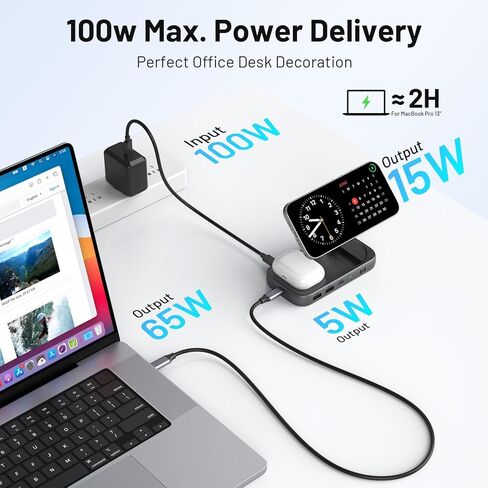 Selore USB C Hub with Wireless Charging for MacBook: 4K@60Hz HDMI, 100W PD, 15W Qi2 + 5W Wireless, 10Gbps Ports, iPhone Mirroring Docking Station & Magsafe Stand, Space-Saving Desk Organizer(Black) in Saudi Arabia