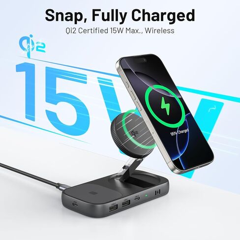 Selore USB C Hub with Wireless Charging for MacBook: 4K@60Hz HDMI, 100W PD, 15W Qi2 + 5W Wireless, 10Gbps Ports, iPhone Mirroring Docking Station & Magsafe Stand, Space-Saving Desk Organizer(Black) in Saudi Arabia