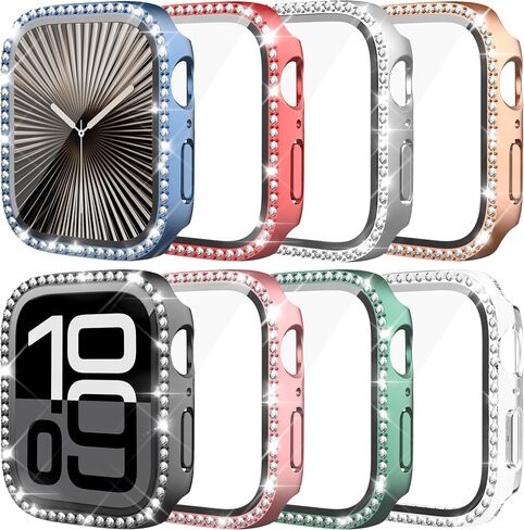 8 Pack Case for Apple Watch Series 10 46mm with Tempered Glass Screen Protector, Premium Glitter Diamond Bling Hard PC Protective Glossy Bumper Cover for Women Girl in Saudi Arabia