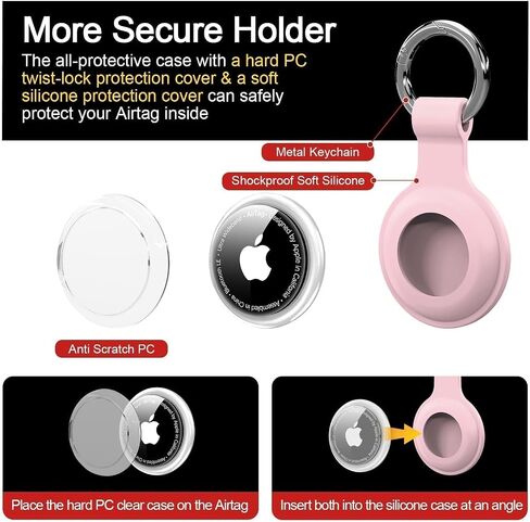 [4 Pack] Compatible with AirTag Holder Case for Air Tag Keychain [Anti-Scratch] [PC+Silicone] for AirTags Key Ring Chain for GPS Item Finders Accessories, Black/Pink/Teal Green/Grey Blue in Saudi Arabia