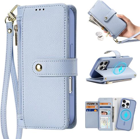 Durable Leather Wallet Case for iPhone 16 Pro, Multiple Slots, Hands-Free Convenience,Detachable Flip Folio Cover, RFID Blocking Card Slots Holder (Blue, iPhone 16 Pro) in Saudi Arabia