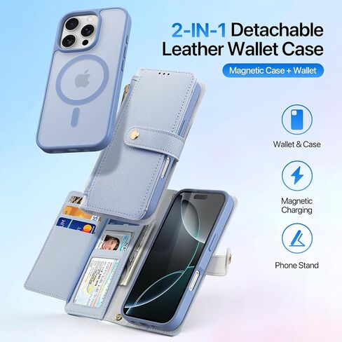 Durable Leather Wallet Case for iPhone 16 Pro, Multiple Slots, Hands-Free Convenience,Detachable Flip Folio Cover, RFID Blocking Card Slots Holder (Blue, iPhone 16 Pro) in Saudi Arabia