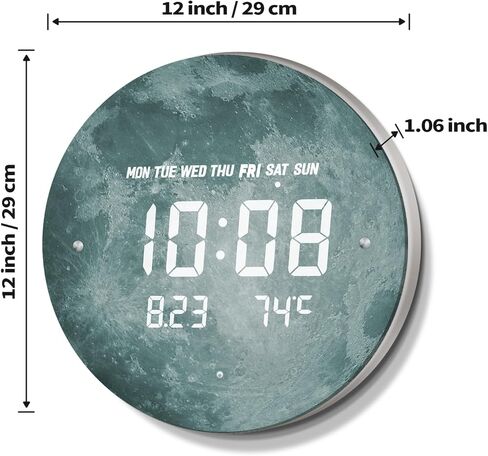 Digital Wall Clock Smart Lighted Silent 12/24H LED Wall Clock Large Display Modern Non Ticking Clock with Temperature Time Clocks for Living Room Bedroom Office Kitchen Decor 12 Inch(Moon) in Kuwait