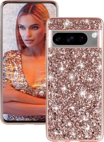Silicone Case for Google Pixel 8 Pro 5G Cases Glitter Sparkle Bling, Hybrid Matte Back Case High Impact Heavy Duty Shockproof Protective Cover for Google 8 Pro Cute Case for Women (Rose Gold) in Saudi Arabia
