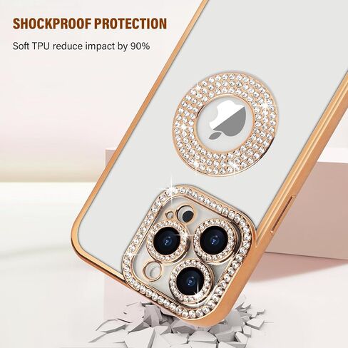 Losin for iPhone 16 Plus Glitter مع عرض شعار للنساء الفتيات الفاخرة اللطيفة الماس الماس بلينغ كاميرا واقية ناعمة واضحة وغطاء صدمة الراين لآيفون 16 Plus ، الذهب ، الذهب in Saudi Arabia