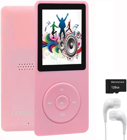 128GB MP3 Player with Bluetooth 5.2, Portable Pink Music Player for Kids with Built-in HD Speaker, FM Radio, Voice Recorder, Earphones Included in Saudi Arabia