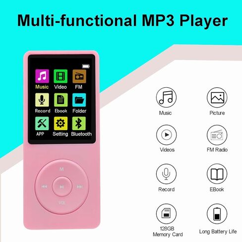 128GB MP3 Player with Bluetooth 5.2, Portable Pink Music Player for Kids with Built-in HD Speaker, FM Radio, Voice Recorder, Earphones Included in Saudi Arabia