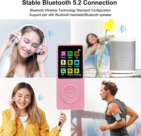 128GB MP3 Player with Bluetooth 5.2, Portable Pink Music Player for Kids with Built-in HD Speaker, FM Radio, Voice Recorder, Earphones Included in Saudi Arabia
