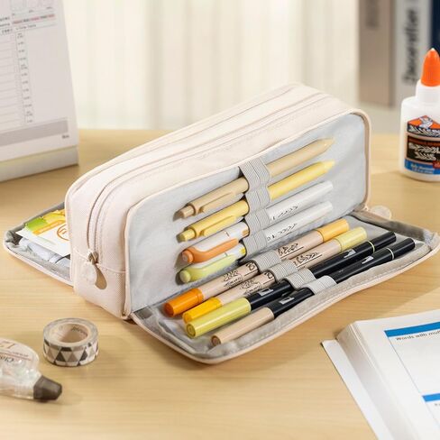 CICIMELON Large Capacity Pencil Case 3 Compartment Pouch Pen Bag for School Teen Girl Boy Men Women (Pink) in Kuwait