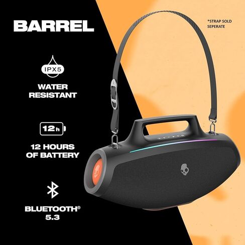 Skullcandy Barrel Bluetooth Boombox Speaker – Water-Resistant Wireless Portable, with LED Lightshow Mode, USB-C & USB-A Output Charging, Carry Strap NOT Included (Black) (Renewed) in Saudi Arabia