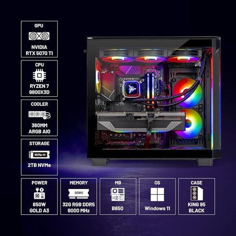 Skytech King 95 Gaming PC Desktop ، Ryzen 7 9800x3d 4.7 GHz (5.2 GHz Turbo) ، NVIDIA RTX 5070 TI 16GB ، 2TB GEN4 NVME SSD ، 32GB DDR5 RAM 6000 RGB ، in Kuwait