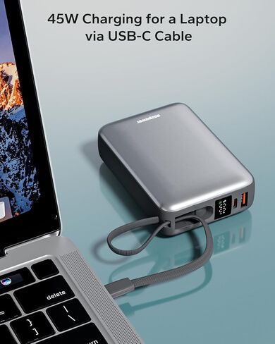 Power Bank 20،000 مللي أمبير في الساعة ، 45 واط شحن محمول سريع الشحن المحمول مع كابل USB C المدمج ، حزمة بطارية خارجية أساسية مع عرض LED لـ Macbook iPad iPhone 16/15/14/13/Galaxy in Saudi Arabia