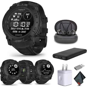 Garmin Instinct 3 Tactical Edition, Solar Charged 50mm Display, Outdoor Rugged GPS Smartwatch Bundle with USB Wall Charger + Microfiber Cleaning Cloth + More