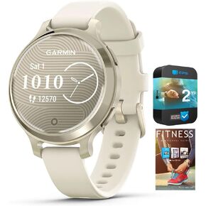 Garmin 010-02891-00 Lily 2 Active Smartwatch Lunar Gold with Bone Silicone Band Bundle with Tech Smart USA Fitness & Wellness Suite and 2 YR CPS Enhanced Protection Pack