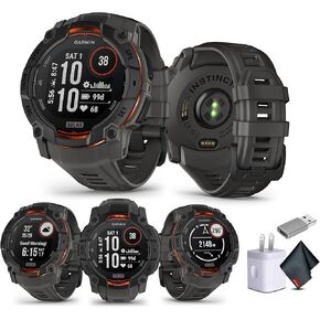 Garmin Instinct 3 50mm, Solar Charged Display, Rugged Outdoor GPS Smartwatch, Unlimited Battery Life, Built-in Flashlight, Charcoal (010-02935-00) Tactical Smart Watch Bundle for Men and Women