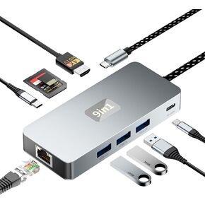 USB C Hub, 9 in 1 USB C to 4K@60HZ HDMI Multiport Adapter, RJ45 Gigabit Ethernet, 3 USB 3.0 Ports, SD/TF Card Reader, PD 100W, Desigend for MacBook Pro Air HP XPS and Other Type C Devices