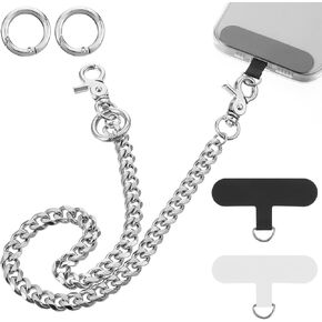 Phone Security Strap Anti Theft, 19.69 Inch Stainless Steel Phone Leash Anti Theft for Phones Case with Chain, Multipurpose Pants Chain for Women, Men Wallets, Keys, (Black & White, 2 Pads 1 Lanyard)