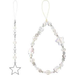 2PCS Beaded Star Phone Charm Wrist Straps - Silver Star Pearl Camera Keychain for Women, Android, Wallet, Purse