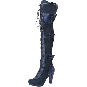 Women Lace Bow Goth Knee High Heel Boots Lace Up Knee Length Boots Punk Platform Boots Comfortable Walking Shoes