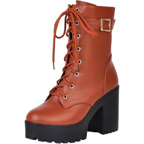 Winter Boots for Women Fashion Mid Heel Ankle Boots Belt Buckle Lace Up Faux Leather Platform Boots Ladies Booties